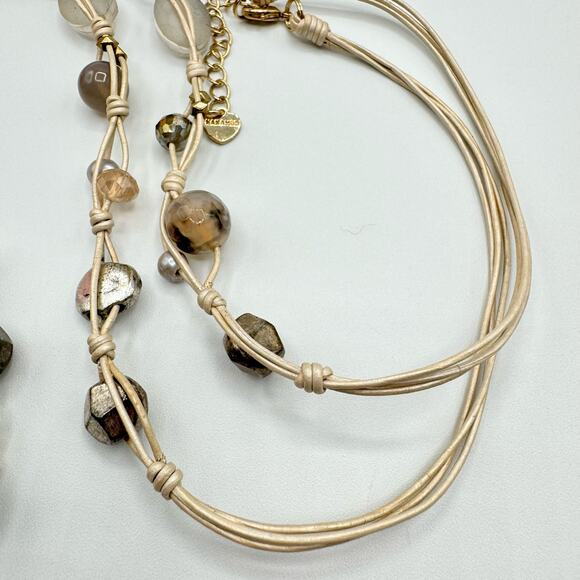 Nakamol Knotted Pearlized Leather Glass Bead Necklace Gray Tones Neutral Boho - Picture 3 of 14